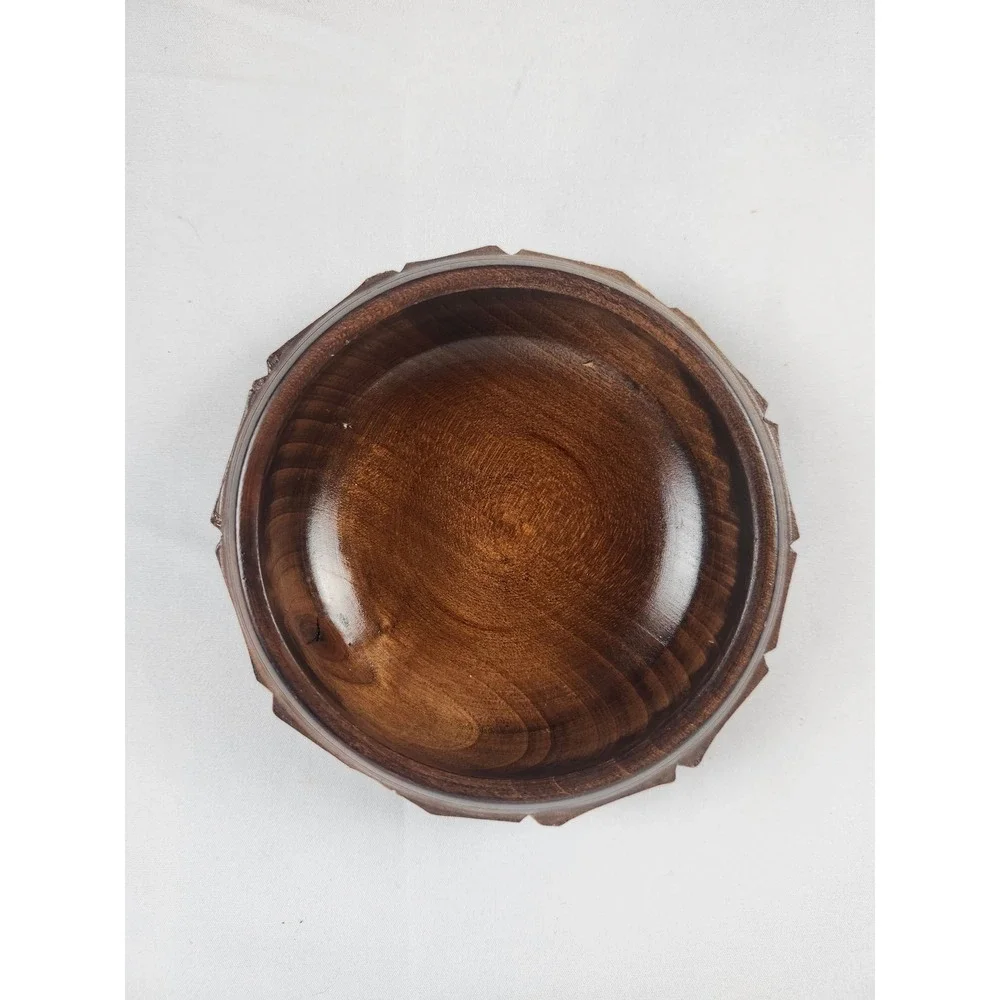 Vintage Hand Carved Wood Trinket Box Floral Lidded Jewelry Keepsake Round Bowl